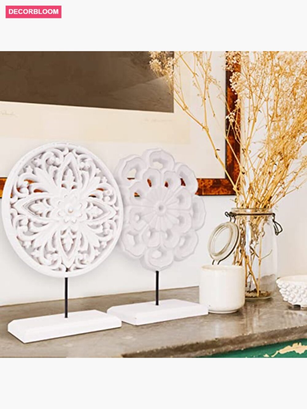 Set of 2 Wooden Carved Cutout Flower Medallion Sculptures - Picture 7 of 7